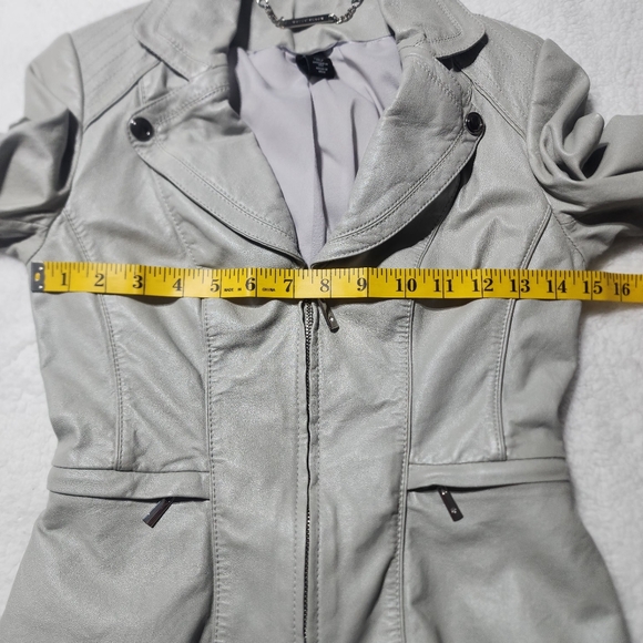 White House Black Market Gray Leather Moto Jacket with Zipper Diamond Detail - Picture 11 of 16